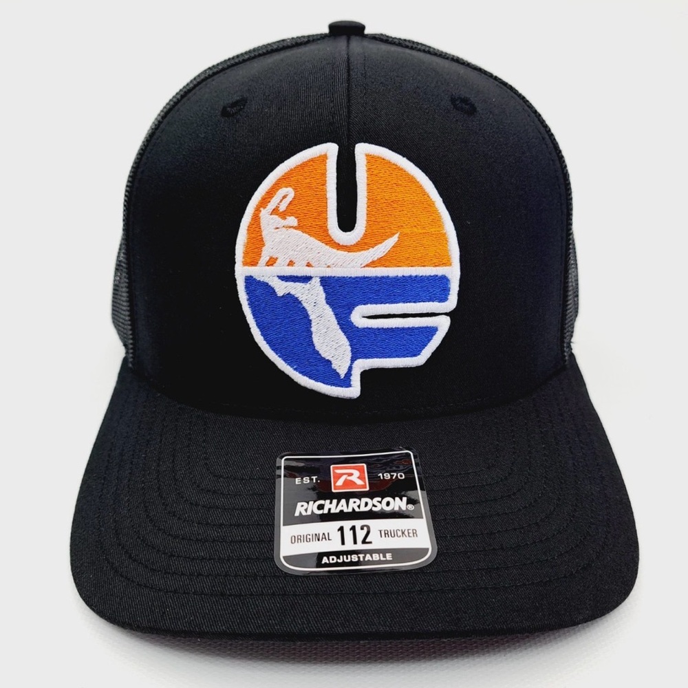 Richardson Black Trucker Hat with Orange and Blue Logo